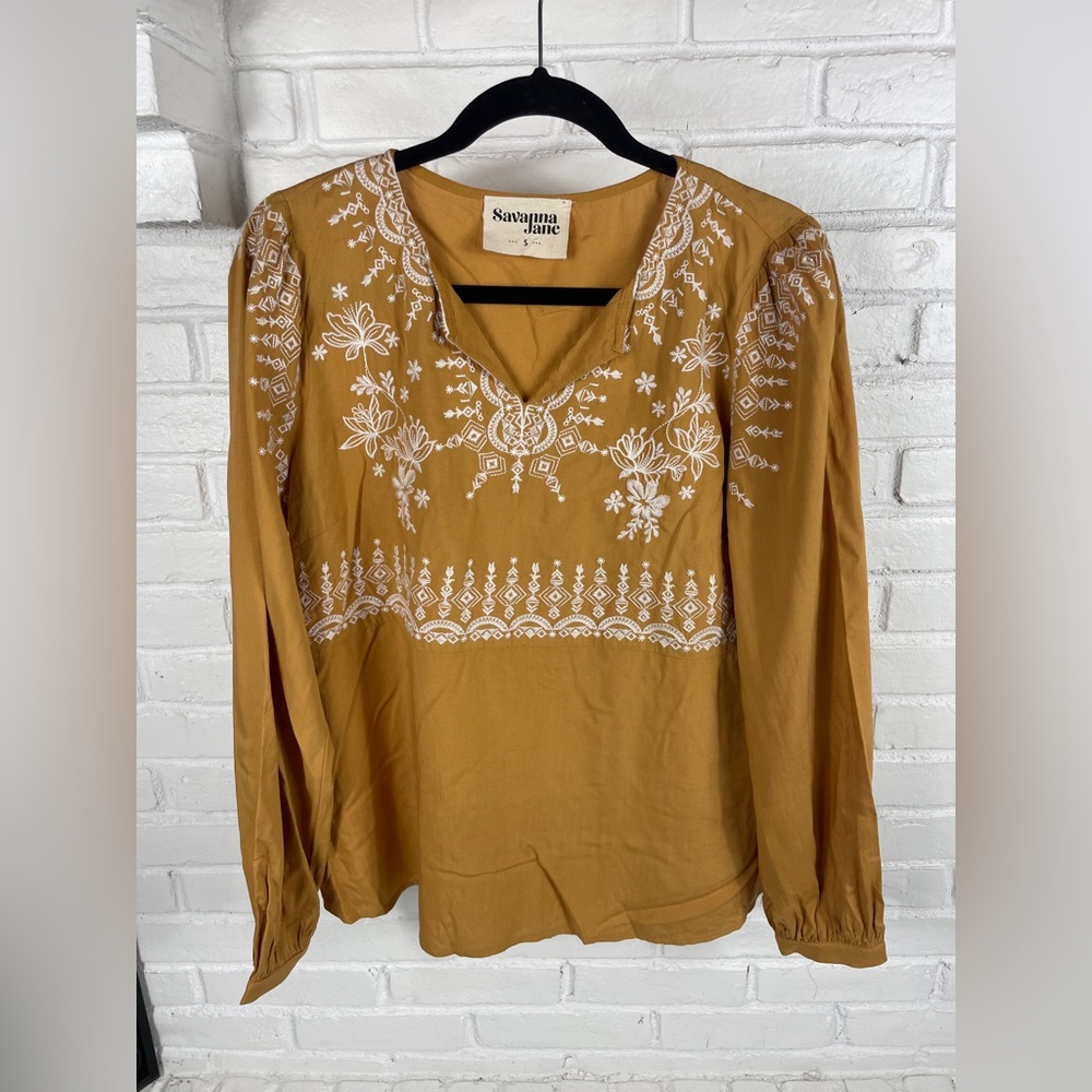 Savanna Jane embroidered rayon peasant‎ top S boho cottagecore feminine